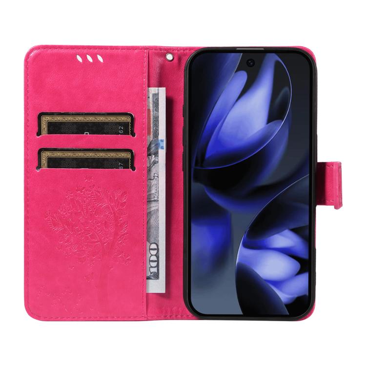 For Google Pixel 10 5G / 10 Pro 5G Global Tree & Cat Embossed Pattern Flip Leather Phone Case(Rose Red) - Google Cases by buy2fix | Online Shopping UK | buy2fix