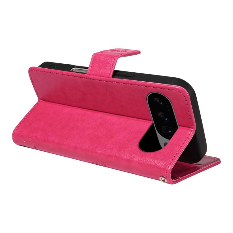 For Google Pixel 10 5G / 10 Pro 5G Global Tree & Cat Embossed Pattern Flip Leather Phone Case(Rose Red) - Google Cases by buy2fix | Online Shopping UK | buy2fix