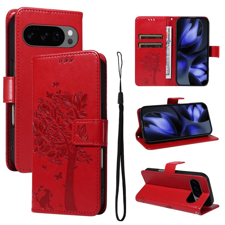 For Google Pixel 10 5G / 10 Pro 5G Global Tree & Cat Embossed Pattern Flip Leather Phone Case(Red) - Google Cases by buy2fix | Online Shopping UK | buy2fix