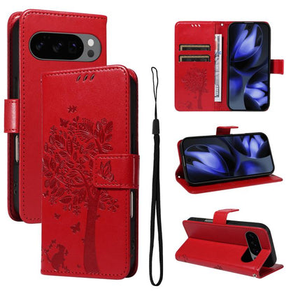 For Google Pixel 10 5G / 10 Pro 5G Global Tree & Cat Embossed Pattern Flip Leather Phone Case(Red) - Google Cases by buy2fix | Online Shopping UK | buy2fix
