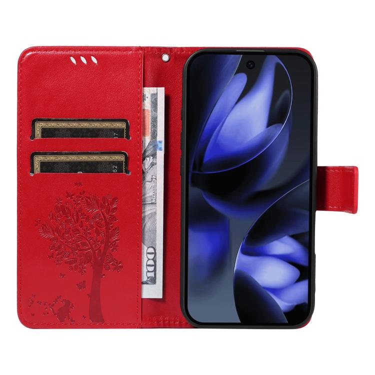 For Google Pixel 10 5G / 10 Pro 5G Global Tree & Cat Embossed Pattern Flip Leather Phone Case(Red) - Google Cases by buy2fix | Online Shopping UK | buy2fix