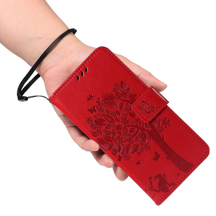For Google Pixel 10 5G / 10 Pro 5G Global Tree & Cat Embossed Pattern Flip Leather Phone Case(Red) - Google Cases by buy2fix | Online Shopping UK | buy2fix