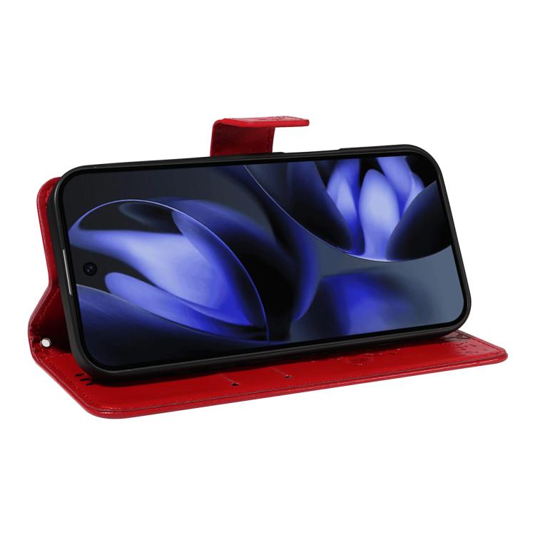 For Google Pixel 10 5G / 10 Pro 5G Global Tree & Cat Embossed Pattern Flip Leather Phone Case(Red) - Google Cases by buy2fix | Online Shopping UK | buy2fix