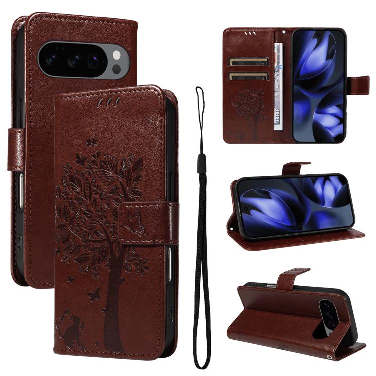 For Google Pixel 10 5G / 10 Pro 5G Global Tree & Cat Embossed Pattern Flip Leather Phone Case(Coffee) - Google Cases by buy2fix | Online Shopping UK | buy2fix