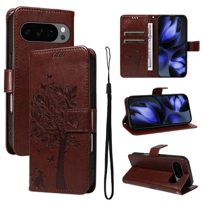 For Google Pixel 10 5G / 10 Pro 5G Global Tree & Cat Embossed Pattern Flip Leather Phone Case(Coffee) - Google Cases by buy2fix | Online Shopping UK | buy2fix