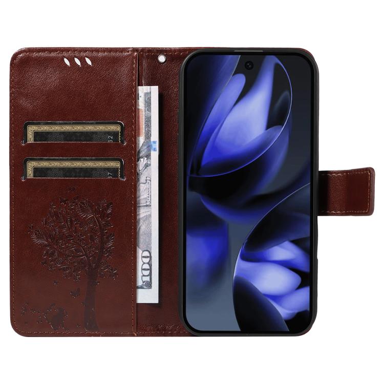 For Google Pixel 10 5G / 10 Pro 5G Global Tree & Cat Embossed Pattern Flip Leather Phone Case(Coffee) - Google Cases by buy2fix | Online Shopping UK | buy2fix