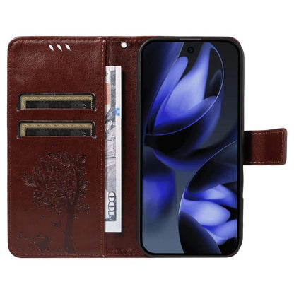 For Google Pixel 10 5G / 10 Pro 5G Global Tree & Cat Embossed Pattern Flip Leather Phone Case(Coffee) - Google Cases by buy2fix | Online Shopping UK | buy2fix