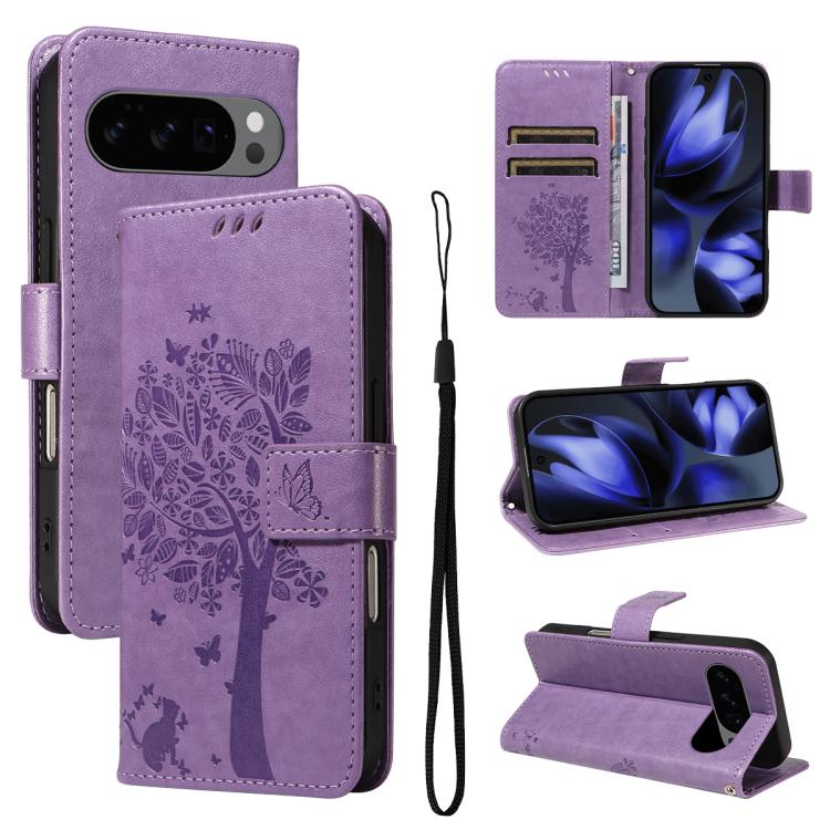 For Google Pixel 10 5G / 10 Pro 5G Global Tree & Cat Embossed Pattern Flip Leather Phone Case(Purple) - Google Cases by buy2fix | Online Shopping UK | buy2fix