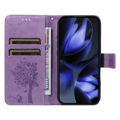 For Google Pixel 10 5G / 10 Pro 5G Global Tree & Cat Embossed Pattern Flip Leather Phone Case(Purple) - Google Cases by buy2fix | Online Shopping UK | buy2fix