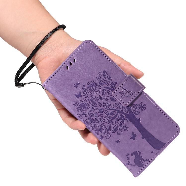 For Google Pixel 10 5G / 10 Pro 5G Global Tree & Cat Embossed Pattern Flip Leather Phone Case(Purple) - Google Cases by buy2fix | Online Shopping UK | buy2fix