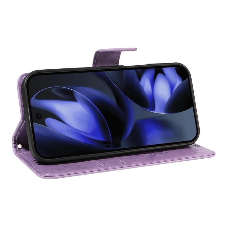 For Google Pixel 10 5G / 10 Pro 5G Global Tree & Cat Embossed Pattern Flip Leather Phone Case(Purple) - Google Cases by buy2fix | Online Shopping UK | buy2fix