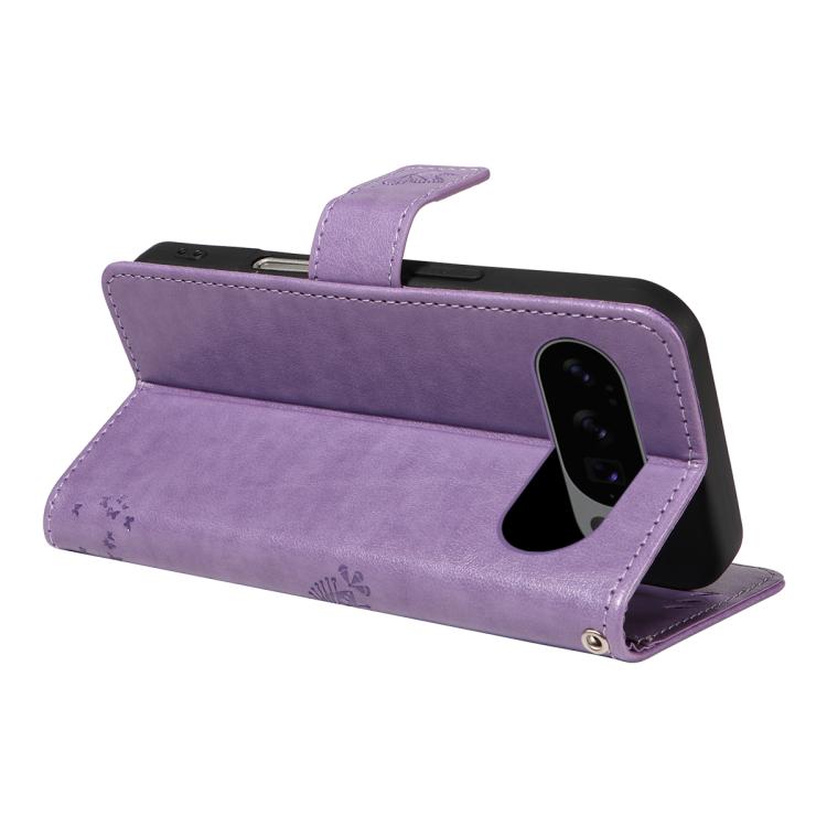 For Google Pixel 10 5G / 10 Pro 5G Global Tree & Cat Embossed Pattern Flip Leather Phone Case(Purple) - Google Cases by buy2fix | Online Shopping UK | buy2fix