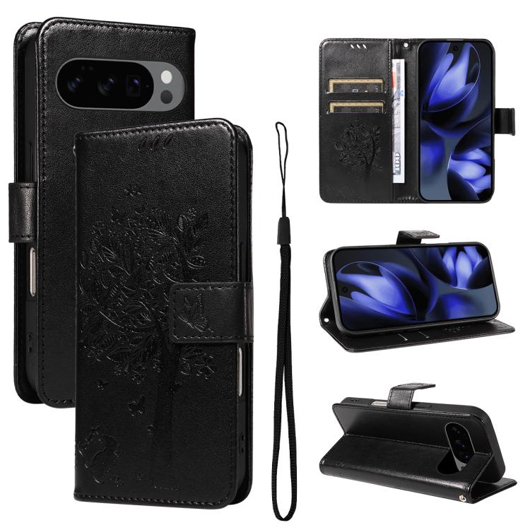 For Google Pixel 10 5G / 10 Pro 5G Global Tree & Cat Embossed Pattern Flip Leather Phone Case(Black) - Google Cases by buy2fix | Online Shopping UK | buy2fix