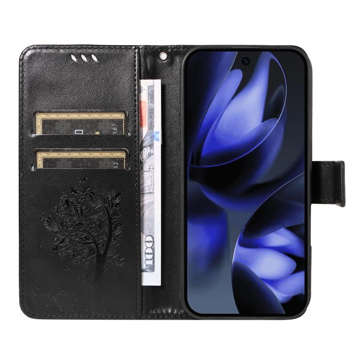 For Google Pixel 10 5G / 10 Pro 5G Global Tree & Cat Embossed Pattern Flip Leather Phone Case(Black) - Google Cases by buy2fix | Online Shopping UK | buy2fix