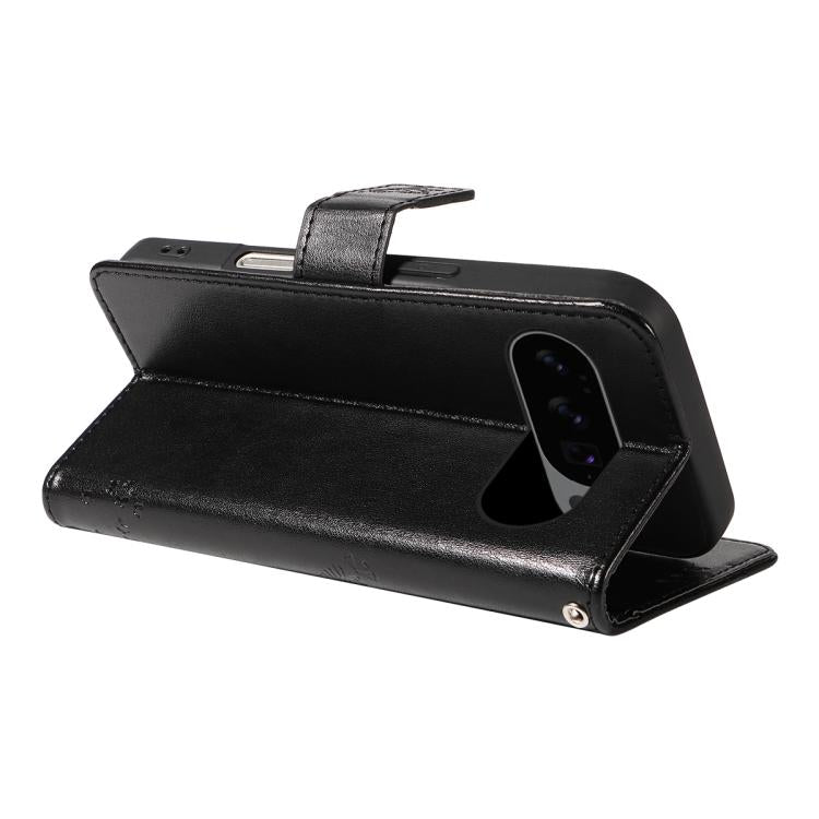 For Google Pixel 10 5G / 10 Pro 5G Global Tree & Cat Embossed Pattern Flip Leather Phone Case(Black) - Google Cases by buy2fix | Online Shopping UK | buy2fix