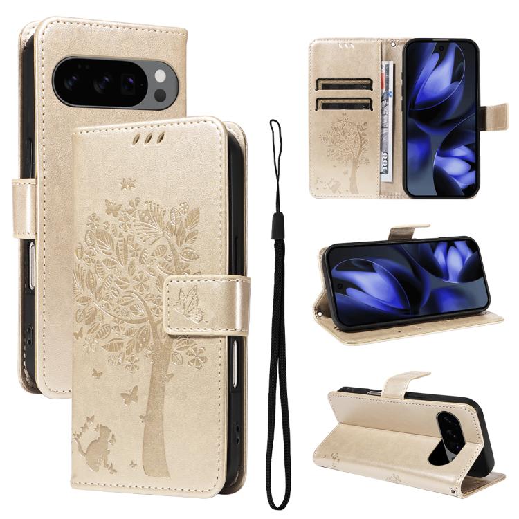 For Google Pixel 10 5G / 10 Pro 5G Global Tree & Cat Embossed Pattern Flip Leather Phone Case(Gold) - Google Cases by buy2fix | Online Shopping UK | buy2fix