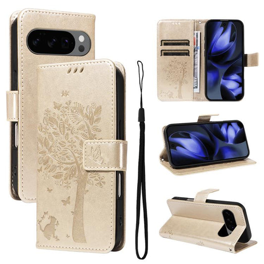 For Google Pixel 10 5G / 10 Pro 5G Global Tree & Cat Embossed Pattern Flip Leather Phone Case(Gold) - Google Cases by buy2fix | Online Shopping UK | buy2fix