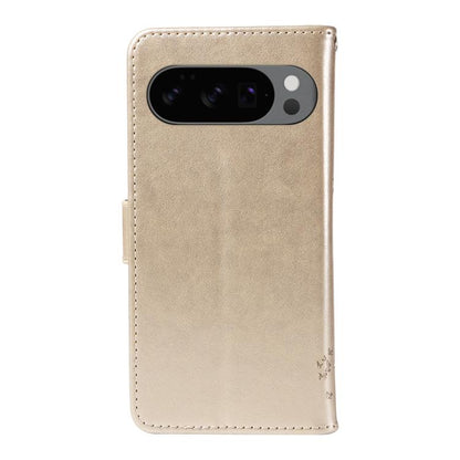For Google Pixel 10 5G / 10 Pro 5G Global Tree & Cat Embossed Pattern Flip Leather Phone Case(Gold) - Google Cases by buy2fix | Online Shopping UK | buy2fix