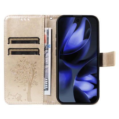 For Google Pixel 10 5G / 10 Pro 5G Global Tree & Cat Embossed Pattern Flip Leather Phone Case(Gold) - Google Cases by buy2fix | Online Shopping UK | buy2fix