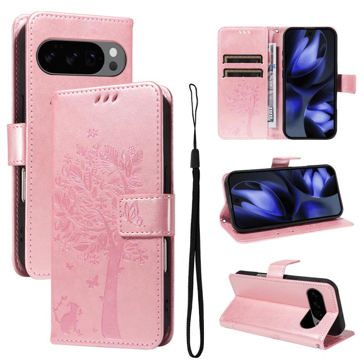 For Google Pixel 10 5G / 10 Pro 5G Global Tree & Cat Embossed Pattern Flip Leather Phone Case(Rose Gold) - Google Cases by buy2fix | Online Shopping UK | buy2fix