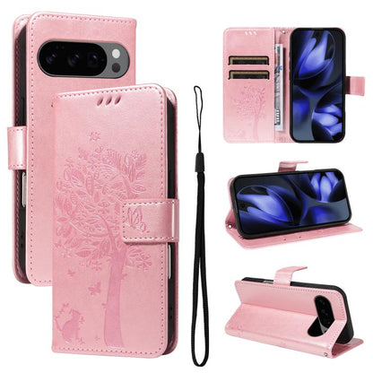 For Google Pixel 10 5G / 10 Pro 5G Global Tree & Cat Embossed Pattern Flip Leather Phone Case(Rose Gold) - Google Cases by buy2fix | Online Shopping UK | buy2fix