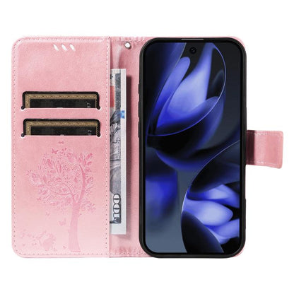 For Google Pixel 10 5G / 10 Pro 5G Global Tree & Cat Embossed Pattern Flip Leather Phone Case(Rose Gold) - Google Cases by buy2fix | Online Shopping UK | buy2fix