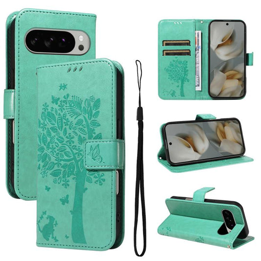 For Google Pixel 10 Pro XL 5G Global Tree & Cat Embossed Pattern Flip Leather Phone Case(Green) - Google Cases by buy2fix | Online Shopping UK | buy2fix