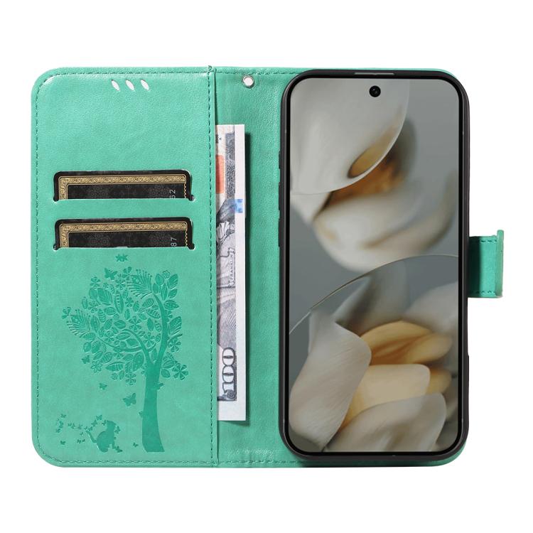 For Google Pixel 10 Pro XL 5G Global Tree & Cat Embossed Pattern Flip Leather Phone Case(Green) - Google Cases by buy2fix | Online Shopping UK | buy2fix