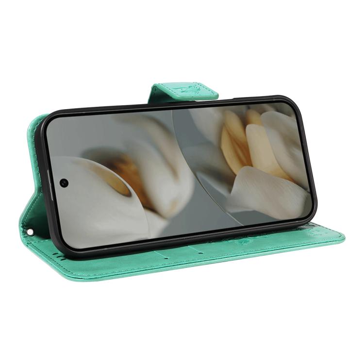 For Google Pixel 10 Pro XL 5G Global Tree & Cat Embossed Pattern Flip Leather Phone Case(Green) - Google Cases by buy2fix | Online Shopping UK | buy2fix