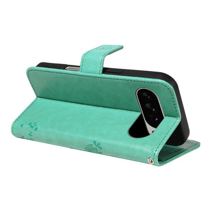 For Google Pixel 10 Pro XL 5G Global Tree & Cat Embossed Pattern Flip Leather Phone Case(Green) - Google Cases by buy2fix | Online Shopping UK | buy2fix