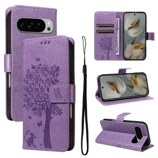 For Google Pixel 10 Pro XL 5G Global Tree & Cat Embossed Pattern Flip Leather Phone Case(Light Purple) - Google Cases by buy2fix | Online Shopping UK | buy2fix