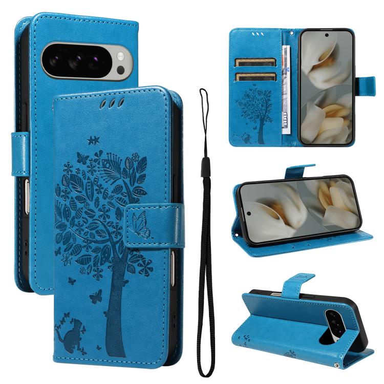 For Google Pixel 10 Pro XL 5G Global Tree & Cat Embossed Pattern Flip Leather Phone Case(Blue) - Google Cases by buy2fix | Online Shopping UK | buy2fix