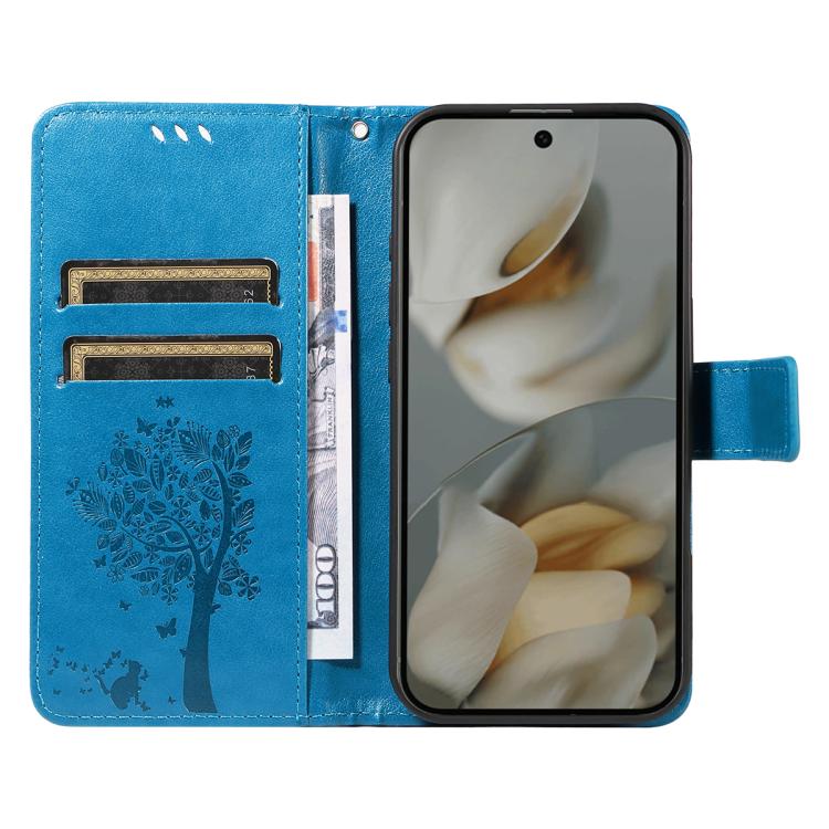 For Google Pixel 10 Pro XL 5G Global Tree & Cat Embossed Pattern Flip Leather Phone Case(Blue) - Google Cases by buy2fix | Online Shopping UK | buy2fix