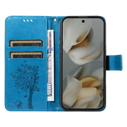 For Google Pixel 10 Pro XL 5G Global Tree & Cat Embossed Pattern Flip Leather Phone Case(Blue) - Google Cases by buy2fix | Online Shopping UK | buy2fix