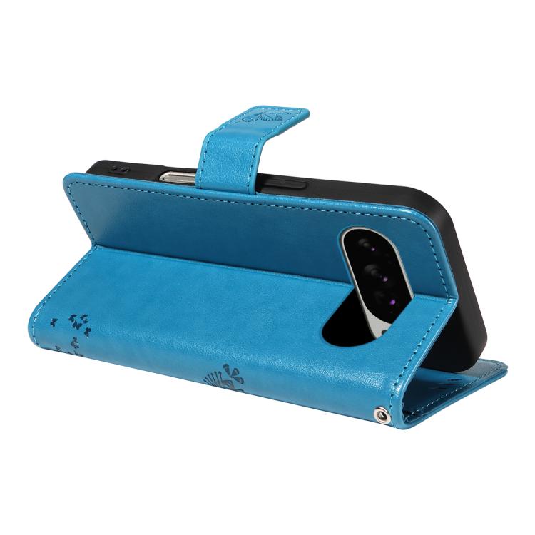 For Google Pixel 10 Pro XL 5G Global Tree & Cat Embossed Pattern Flip Leather Phone Case(Blue) - Google Cases by buy2fix | Online Shopping UK | buy2fix