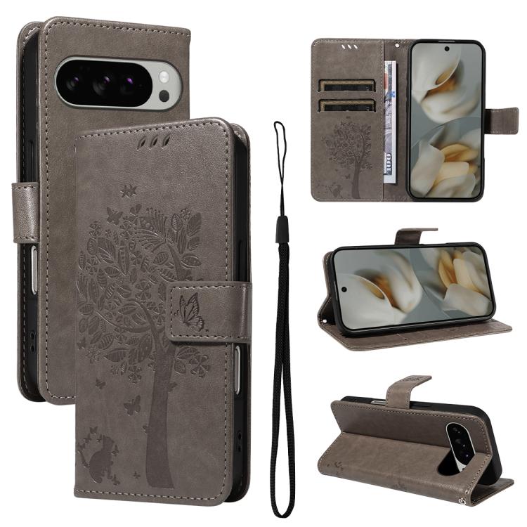 For Google Pixel 10 Pro XL 5G Global Tree & Cat Embossed Pattern Flip Leather Phone Case(Grey) - Google Cases by buy2fix | Online Shopping UK | buy2fix