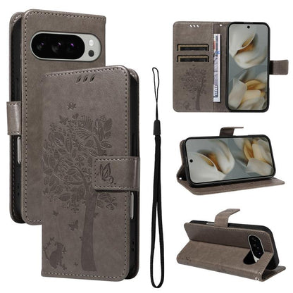 For Google Pixel 10 Pro XL 5G Global Tree & Cat Embossed Pattern Flip Leather Phone Case(Grey) - Google Cases by buy2fix | Online Shopping UK | buy2fix