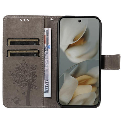 For Google Pixel 10 Pro XL 5G Global Tree & Cat Embossed Pattern Flip Leather Phone Case(Grey) - Google Cases by buy2fix | Online Shopping UK | buy2fix