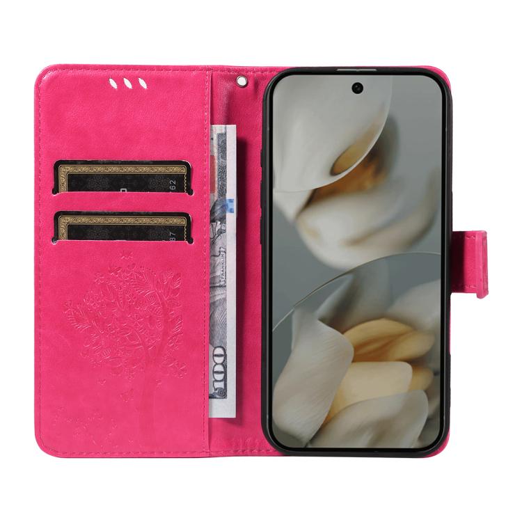 For Google Pixel 10 Pro XL 5G Global Tree & Cat Embossed Pattern Flip Leather Phone Case(Rose Red) - Google Cases by buy2fix | Online Shopping UK | buy2fix