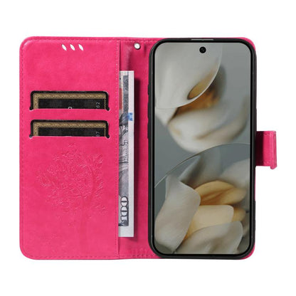 For Google Pixel 10 Pro XL 5G Global Tree & Cat Embossed Pattern Flip Leather Phone Case(Rose Red) - Google Cases by buy2fix | Online Shopping UK | buy2fix