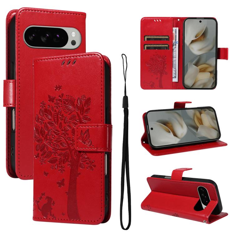For Google Pixel 10 Pro XL 5G Global Tree & Cat Embossed Pattern Flip Leather Phone Case(Red) - Google Cases by buy2fix | Online Shopping UK | buy2fix