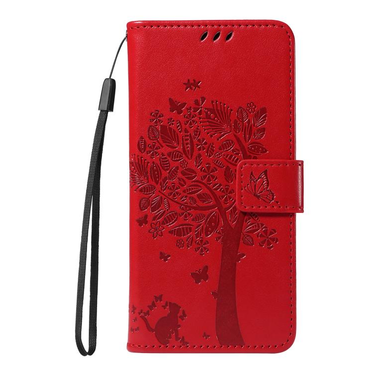 For Google Pixel 10 Pro XL 5G Global Tree & Cat Embossed Pattern Flip Leather Phone Case(Red) - Google Cases by buy2fix | Online Shopping UK | buy2fix