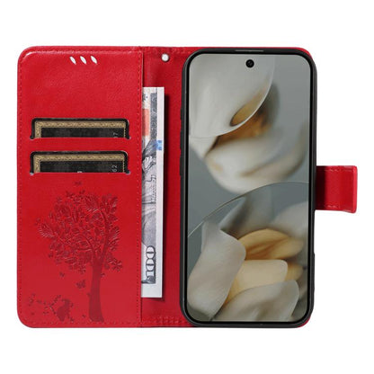 For Google Pixel 10 Pro XL 5G Global Tree & Cat Embossed Pattern Flip Leather Phone Case(Red) - Google Cases by buy2fix | Online Shopping UK | buy2fix