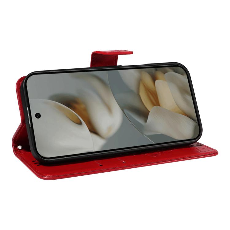 For Google Pixel 10 Pro XL 5G Global Tree & Cat Embossed Pattern Flip Leather Phone Case(Red) - Google Cases by buy2fix | Online Shopping UK | buy2fix