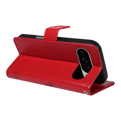 For Google Pixel 10 Pro XL 5G Global Tree & Cat Embossed Pattern Flip Leather Phone Case(Red) - Google Cases by buy2fix | Online Shopping UK | buy2fix