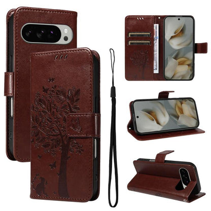 For Google Pixel 10 Pro XL 5G Global Tree & Cat Embossed Pattern Flip Leather Phone Case(Coffee) - Google Cases by buy2fix | Online Shopping UK | buy2fix