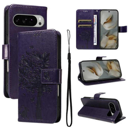 For Google Pixel 10 Pro XL 5G Global Tree & Cat Embossed Pattern Flip Leather Phone Case(Purple) - Google Cases by buy2fix | Online Shopping UK | buy2fix