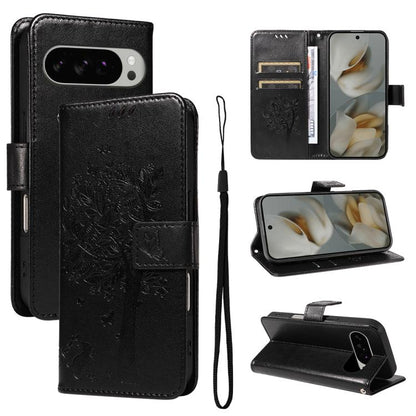 For Google Pixel 10 Pro XL 5G Global Tree & Cat Embossed Pattern Flip Leather Phone Case(Black) - Google Cases by buy2fix | Online Shopping UK | buy2fix