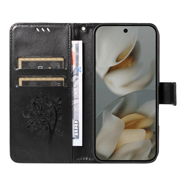 For Google Pixel 10 Pro XL 5G Global Tree & Cat Embossed Pattern Flip Leather Phone Case(Black) - Google Cases by buy2fix | Online Shopping UK | buy2fix