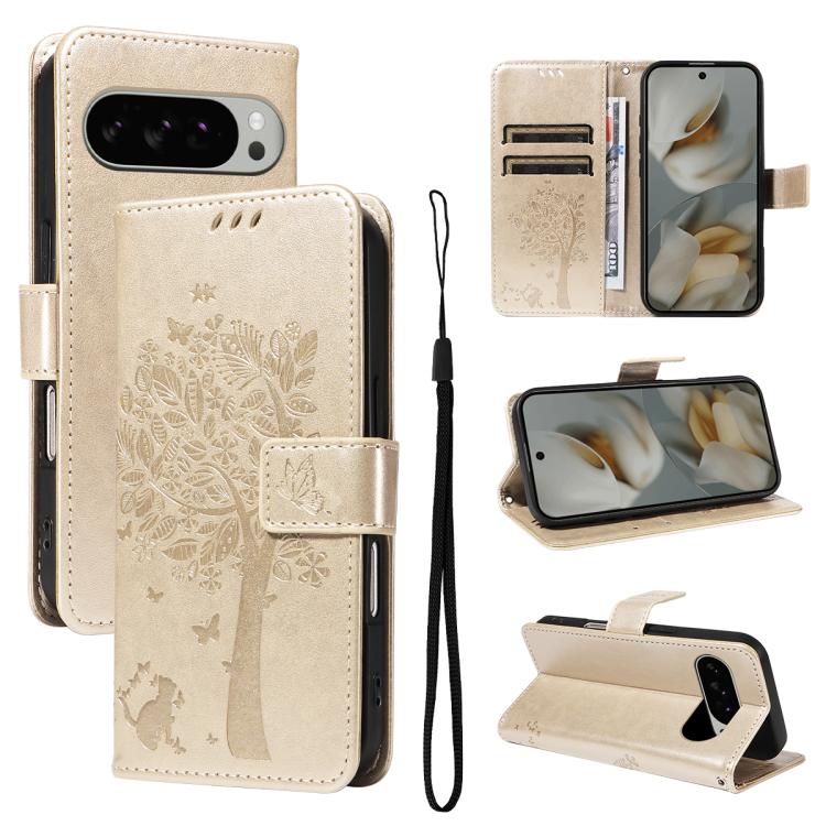 For Google Pixel 10 Pro XL 5G Global Tree & Cat Embossed Pattern Flip Leather Phone Case(Gold) - Google Cases by buy2fix | Online Shopping UK | buy2fix